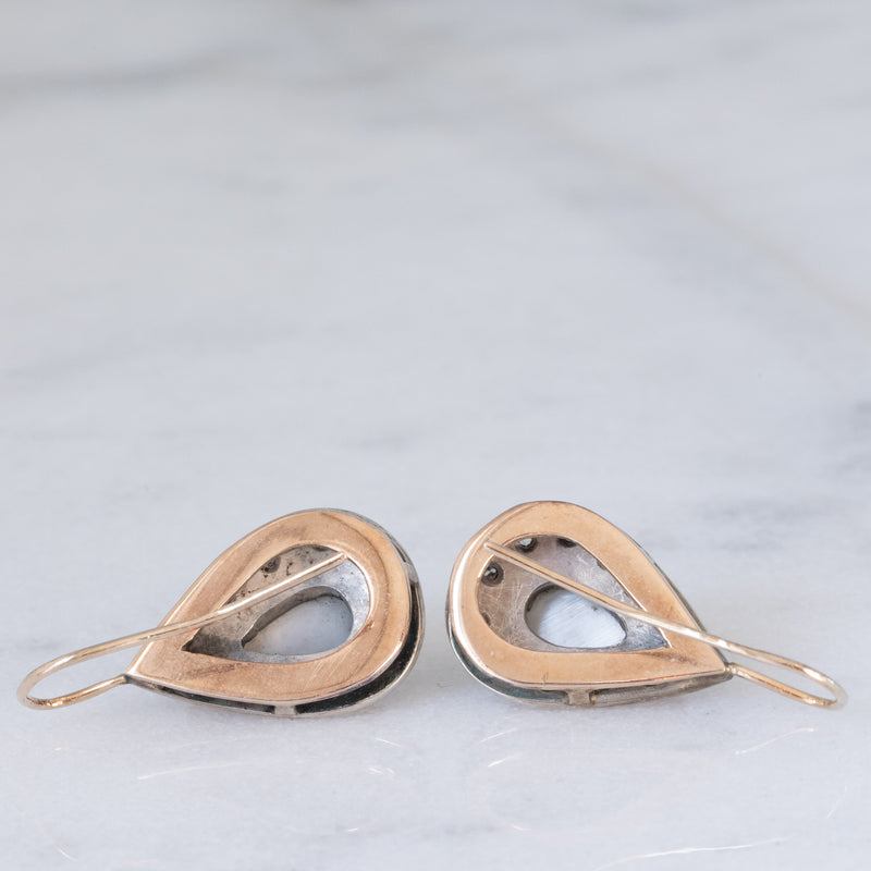 Orecchini vintage in stile antico in oro giallo 14K e argento con pietre di Luna e diamanti di taglio rosetta, anni ‘50/‘60