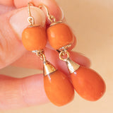 Vintage 2K Yellow Gold 1 in 18 Orange Coral Earrings, 50s