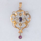 Pendente antico lavalier in oro giallo 9K con ametiste, anni ‘10/‘20