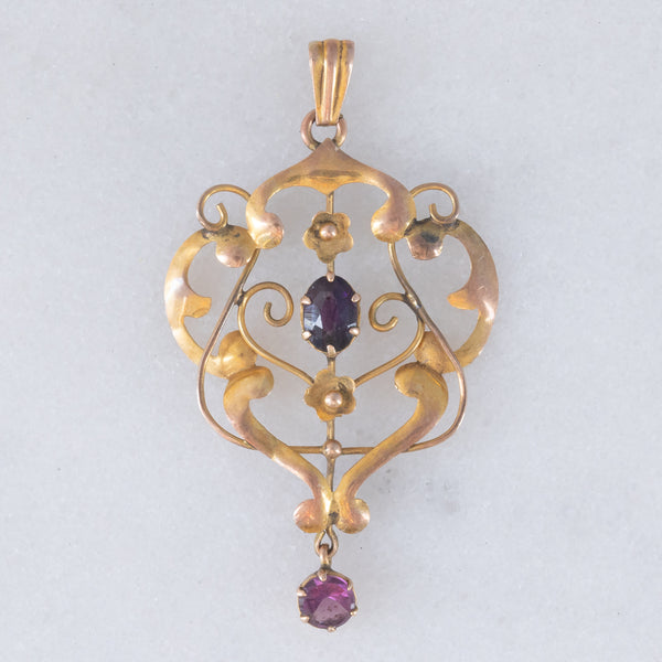Pendente antico lavalier in oro giallo 9K con ametiste, anni ‘10/‘20