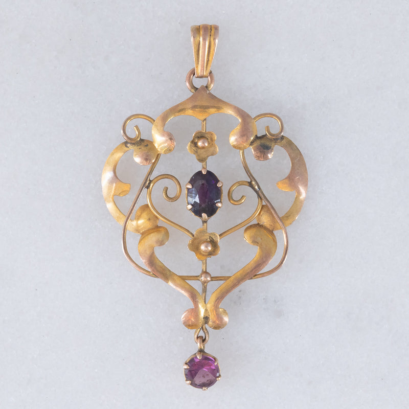 Pendente antico lavalier in oro giallo 9K con ametiste, anni ‘10/‘20