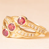 14K yellow gold “triple” ring with synthetic rubies (approx. 0.45ctw) and brilliant cut diamonds (approx. 0.22ctw), 80s