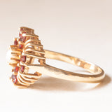 9K yellow gold flower ring with garnets (approx. 0.48ctw) and pearl, 40s/50s