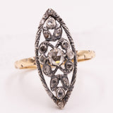 Anello a navette antico in oro giallo 14K e argento con diamanti di taglio rosetta (0.30ctw ca.), primi del ‘900