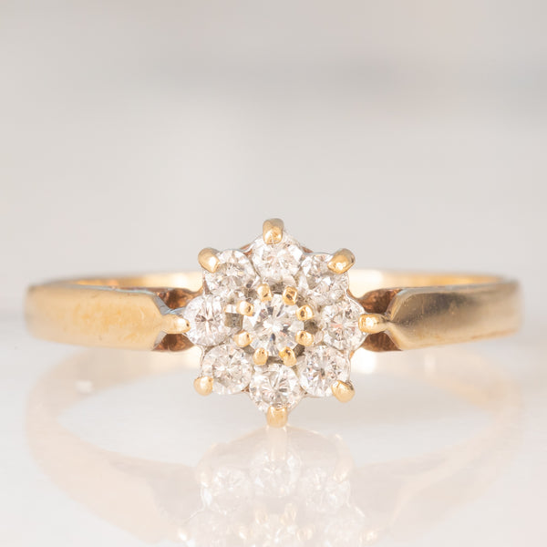 Anello a fiore vintage in oro giallo 9K con diamanti di taglio brillante (0.20ctw ca.), anno 1988