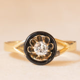 Solitär aus 14-karätigem Gelbgold mit Diamant im Brillantschliff (ca. 0.25 ct) und schwarzer Emaille, 50er Jahre