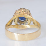 Anello a margherita antico in oro giallo 14K con zaffiro (0.40ct ca.) e diamanti di taglio vecchia miniera (0.70ctw ca.), anni ‘20/‘30