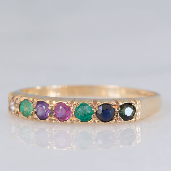 Anello “DEAREST” vintage in oro giallo 9K con diamante, smeraldo, ametista, rubino, smeraldo, zaffiro e tormalina, anno 1990