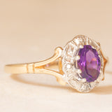 Anello a margherita vintage in oro giallo 9K con ametista (0.40ct ca.) e diamanti, anni ‘80