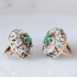 Orecchini antichi in oro giallo 18K e argento con smeraldi (0.30ctw ca.) e diamanti di taglio vecchia miniera (3ctw ca.), primi del ‘900