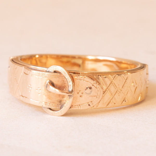 Raro anello a forma di cintura antico in oro giallo 14K e con doppio scompartimento segreto, fine ‘800/primi del ‘900