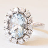 Vintage-Gänseblümchenring aus 18-karätigem Weißgold mit Aquamarin (ca. 3 Karat) und Diamanten im Brillantschliff (ca. 1 Karat), 70er/80er Jahre