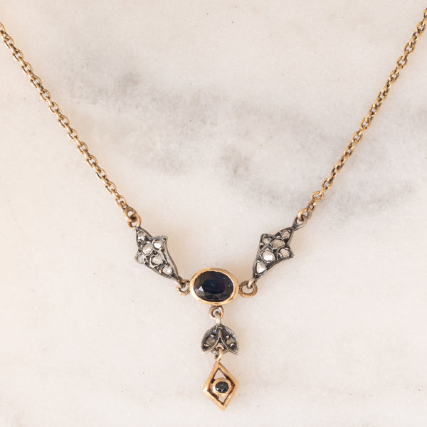 Collier vintage in oro giallo 14K e argento con zaffiri (1ctw ca.) e diamanti di taglio rosetta, anni ‘50/‘60