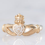 Anello Claddagh vintage in oro giallo 9K con diamanti