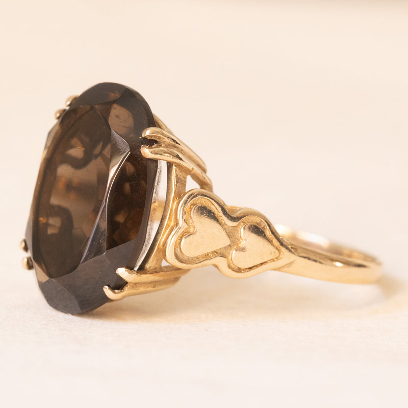 Anello da cocktail vintage in oro giallo 9K con quarzo fumé (5ct ca