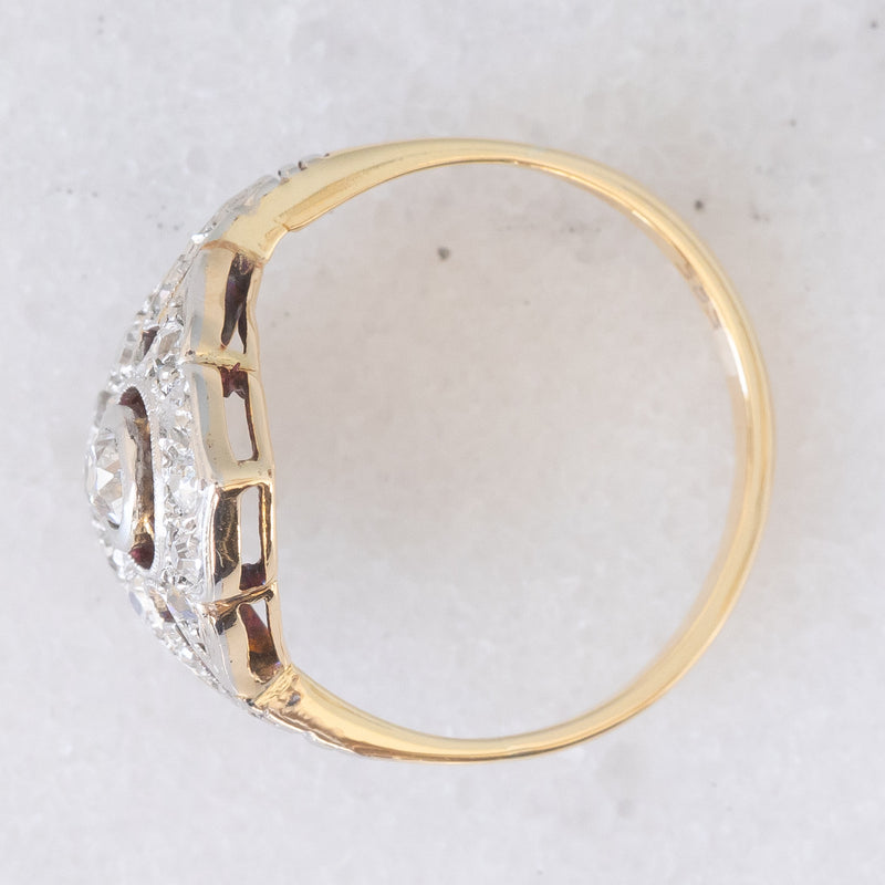 Anello Art Déco in oro giallo e bianco 14K con diamanti di taglio vecchia miniera e di taglio rosetta (0.30ctw ca.), anni ‘30