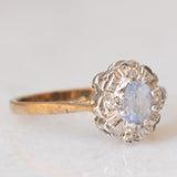 Anello a margherita vintage in oro giallo e bianco 9K con zaffiro e diamanti, anno 1992