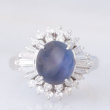 Anello ballerina vintage in platino con zaffiro stellato (4.59ct) e diamanti (0.85ctw), anni '90