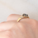 Anello a fiore vintage in oro giallo 9K con zaffiri e diamanti, anni ‘90
