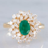 Anello ballerina vintage in oro giallo 14K con smeraldo (0.50ct ca.) e diamanti di taglio brillante e tapered (0.96ctw ca.), anni ‘80