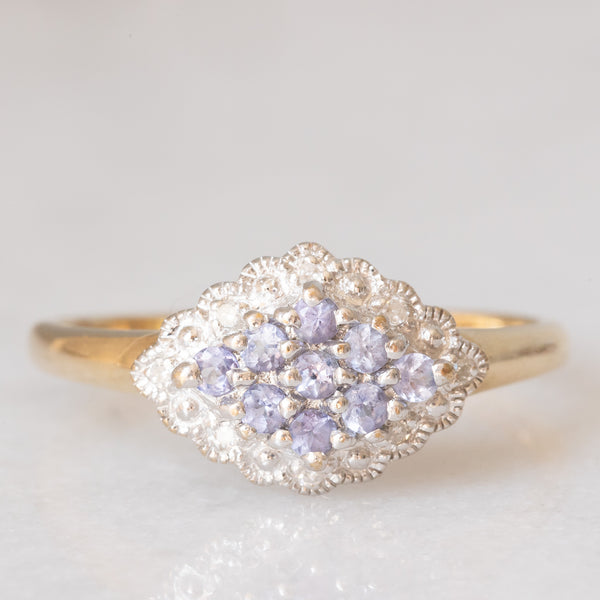 Anello vintage in oro giallo e bianco 9K con tanzaniti (0.25ctw ca.) e diamanti, anni ‘90