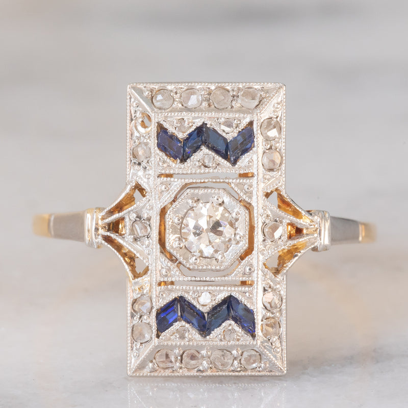 *RISERVATO* Anello Art Déco in oro giallo e bianco 18K con diamanti e zaffiri, anni ‘30