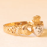 Anello Claddagh vintage in oro giallo e bianco 9K con cubic zirconia e con motivi celtici