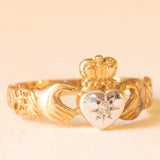 Anello Claddagh vintage in oro giallo e bianco 9K con cubic zirconia e con motivi celtici
