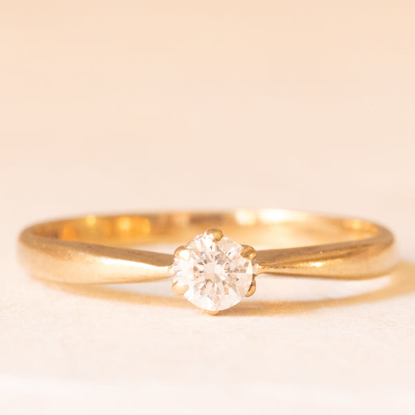 Solitario vintage in oro giallo 9K con diamante di taglio brillante (0.14ct ca.), anno 1988