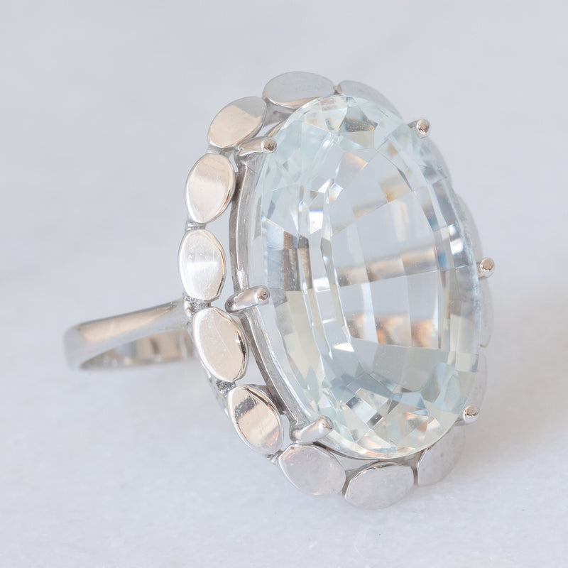 Anello da cocktail vintage in oro bianco 14K con acquamarina (10ct ca.), anni ‘80