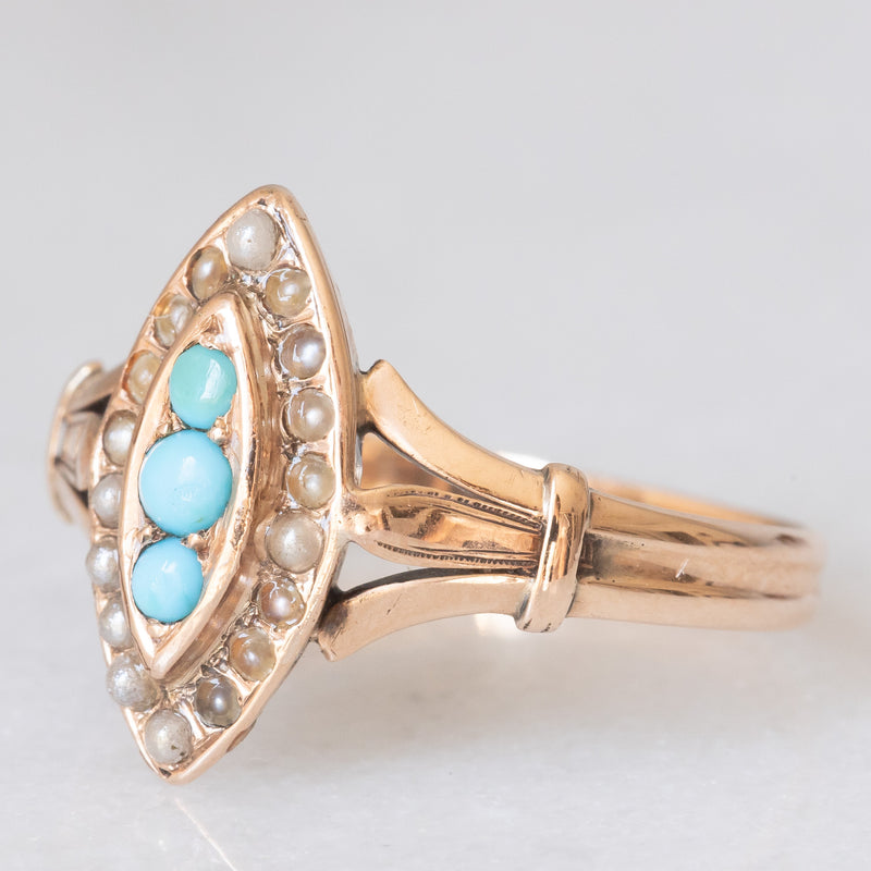 Anello a navette antico in oro giallo 14K con turchesi e perline, primi del ‘900