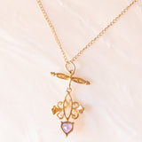 Vintage-Halskette mit Kette aus 9-karätigem Gelbgold und Anhänger aus 9-karätigem Gelbgold mit herzförmigem Amethyst und Diamanten