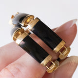Vintage 14K Yellow Gold Onyx Semi-Rigid Bracelet with 14K Yellow Gold Chinese Writing Clasp, 70s