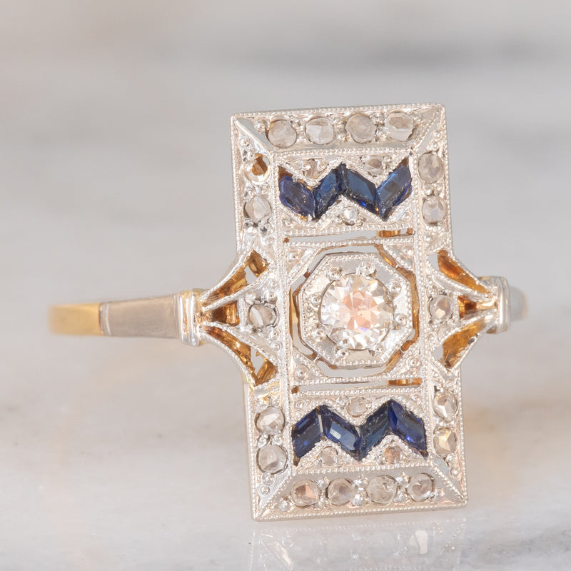 *RISERVATO* Anello Art Déco in oro giallo e bianco 18K con diamanti e zaffiri, anni ‘30