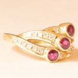 14K yellow gold “triple” ring with synthetic rubies (approx. 0.45ctw) and brilliant cut diamonds (approx. 0.22ctw), 80s