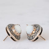 Orecchini vintage in stile antico in oro giallo 14K e argento con pietre di Luna e diamanti di taglio rosetta, anni ‘50/‘60