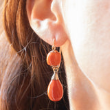 Vintage 2K Yellow Gold 1 in 18 Orange Coral Earrings, 50s