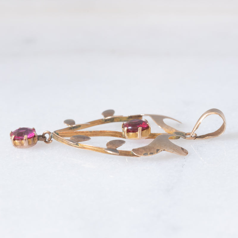 Pendente antico lavalier in oro giallo 9K con tormaline rosa, anni ‘10/‘20