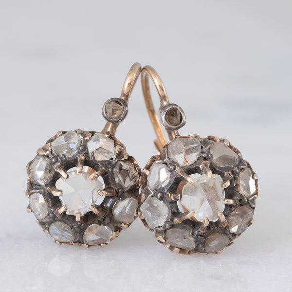 Orecchini antichi in oro giallo 18K e argento con diamanti di taglio rosetta (1ctw ca.), fine ‘800/primi ‘900