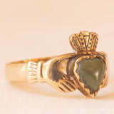 Anello Claddagh irlandese in oro giallo 9K con marmo verde irlandese (Connemara)