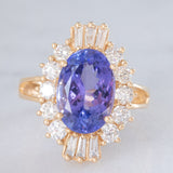 Anello ballerina vintage in oro giallo 14K con tanzanite (5.60ct ca.) e diamanti di taglio brillante e tapered (1.30ctw ca.), anni ‘70/‘80