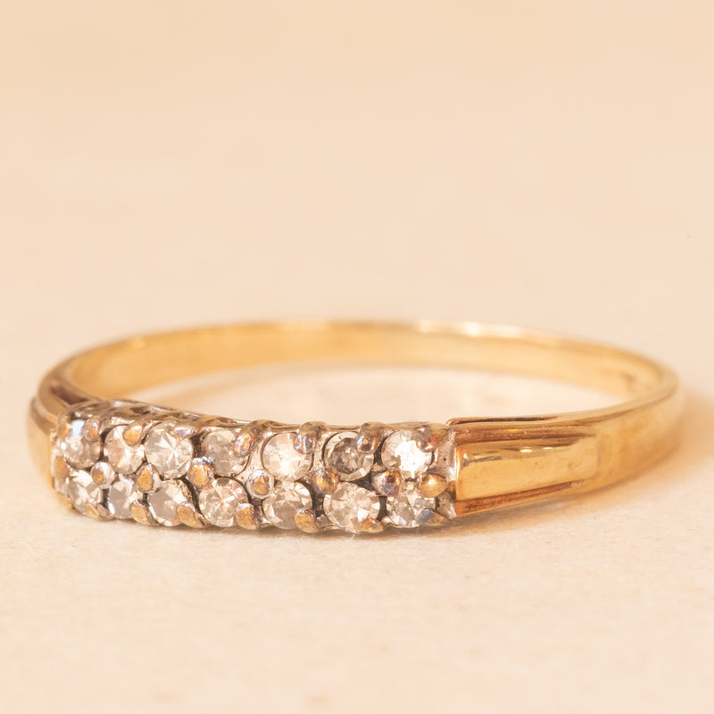 Doppia veretta in oro giallo e bianco 9K con diamanti (0.14ctw ca.), anni ‘60/‘70