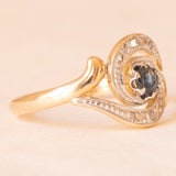 Art-Déco-Tourbillion-Ring aus 18-karätigem Gelb- und Weißgold mit Saphir (ca. 0.15 ct) und Diamanten im Rosettenschliff, 30er Jahre