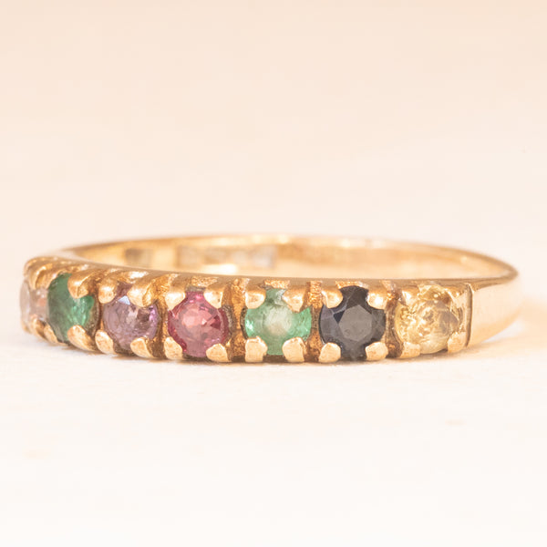 Anello “Dearest” vintage in oro giallo 9K con imitazione di diamante, smeraldo, ametista, rubino, smeraldo, zaffiro e topazio