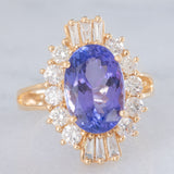 Anello ballerina vintage in oro giallo 14K con tanzanite (5.60ct ca.) e diamanti di taglio brillante e tapered (1.30ctw ca.), anni ‘70/‘80