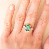 Vintage 18K yellow and white gold trilogy with emerald (1.70ct approx.) and brilliant cut diamonds (0.30ctw approx.), year 1984