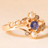 Anello Art Nouveau francese in oro giallo 18K con iolite (0.20ct ca.), diamanti di taglio rosetta e perline bianche, anni ‘10/‘20