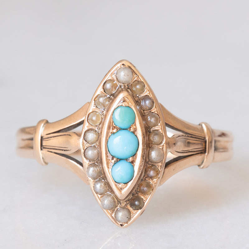 Anello a navette antico in oro giallo 14K con turchesi e perline, primi del ‘900