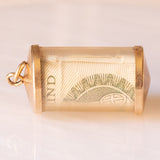 Vintage 9K Yellow Gold Plastic Cylinder Emergency Money Pendant with One Pound Note, 1978
