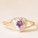 Anello vintage in oro giallo e bianco 9K con ametista (0.24ct ca.) e diamante, anni ‘70/‘80